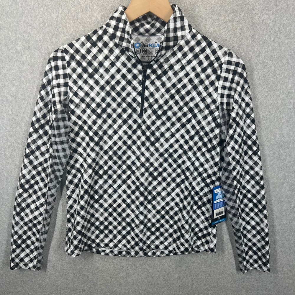 IBKÜL Long Sleeve Zip Mock Neck Womens S Black White Gingham Check IceFil NWT
